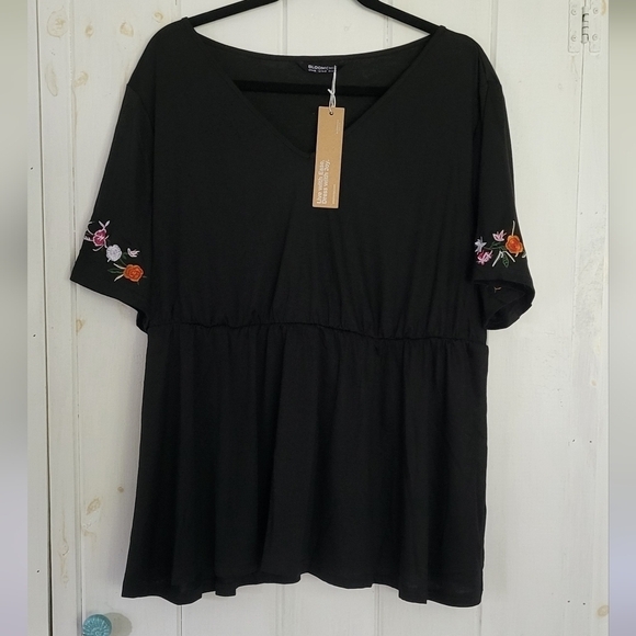 Bloomchic Babydoll Embroidered Shortsleeve V Neck Top - Picture 1 of 7